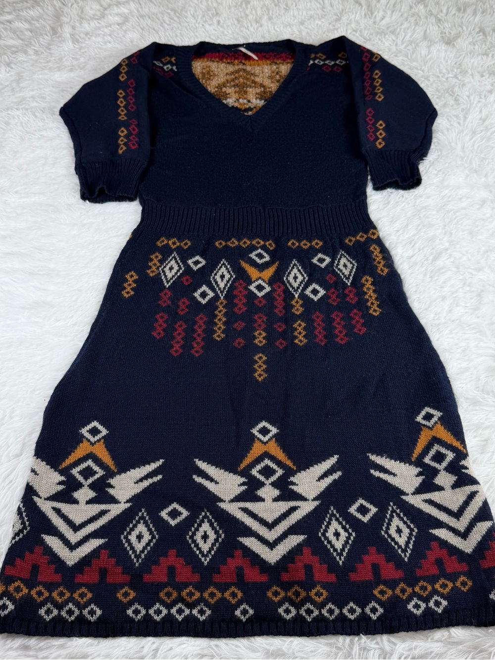 Free People Multicolor Aztec Knit Sweater Dress in Navy, Rust, Mustard, Cream